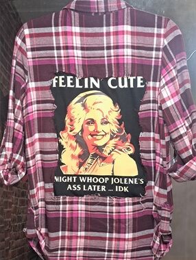 Dolly Parton Upcycled Too Cute SNAP CLOSURE LIGHTWEIGHT FLANNEL